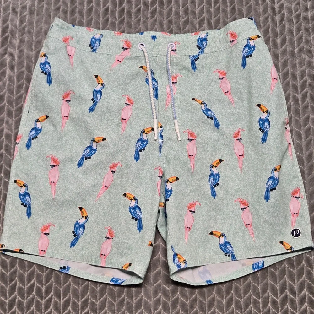 Johnnie-O Mens Tropical Bird Print Swim Trunks Mint Green Toucan Cockatoo Size M